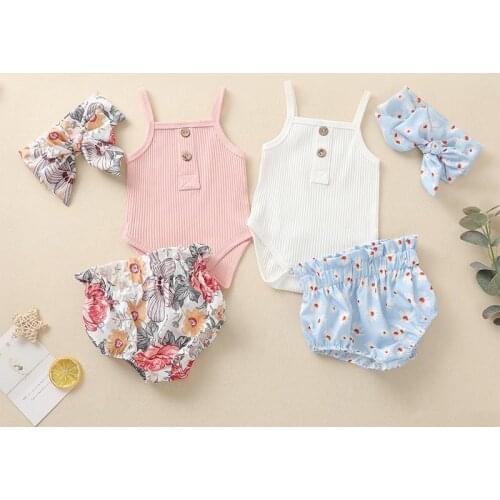 2021 Baby Summer Clothing Newborn Girl Clothes Set Sleeveless Sling Romper Floral shorts Headband InfantSuit Toddler Outfits