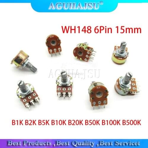 30pcs B1K B2K B5K B10K B20K B50K B100K B500K 15mm 6Pin Shaft WH148 Amplifier Dual Stereo Potentiometer