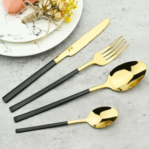 4Pcs Black Gold Cutlery Set Knives Fork Spoon Dinner Tableware Stainless Steel Dinnerware Party Kitchen Flatware Silverware Set