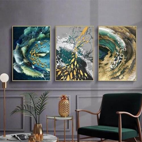 Abstract Blue Green & Gold Feather Luxury Poster 3 PCS Nordic Home Decor Decorative Paintings Quadros Decorativos Pictures Art
