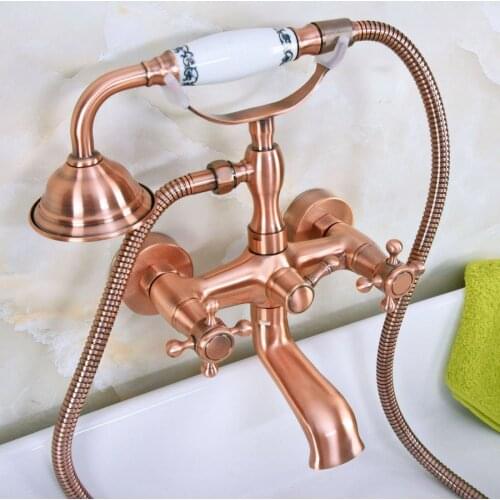 Antique Red Copper Brass Dual Cross Handles Wall Mounted ClawFoot Bath Tub Faucet Mixer Tap With Hand Shower Spray mna341