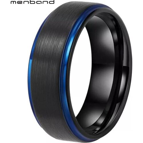 Black Blue Tungsten Wedding Ring For Men And Women Band With Stepped Brushed Finish 8MM Comfort Fit