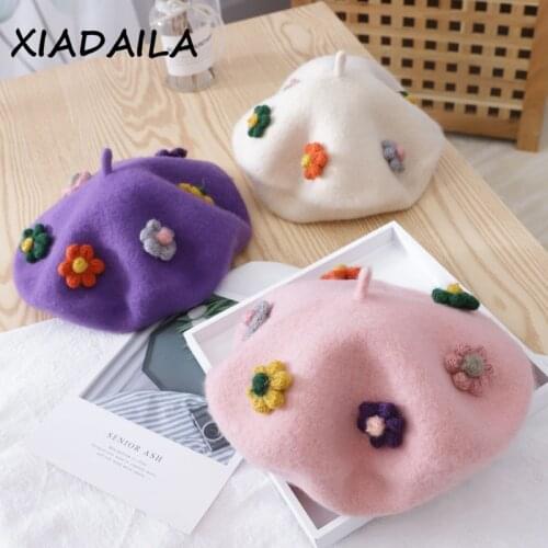 Children flower Beret Autumn Winter 48-51CM Warm Girl Pure Color Cute Japanese Style Handmade Fashion High Quality Painter Beret