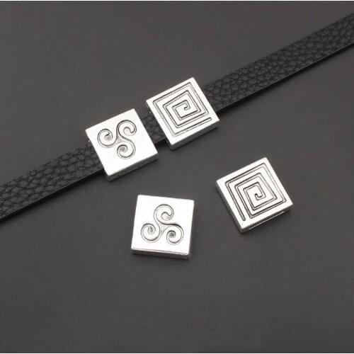 10pcs Silver Color Square Spiral Swirl Slider Spacer Beads For 10*2mm Flat Leather Cord DIY Bracelets Jewelry Making