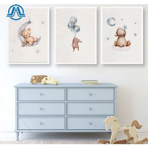 Kawaii Sleeping Bear Canvas Painting Moon And Star Poster Flying Bunny Wall Art Print Modern Pictures For Kids Room On The Wall