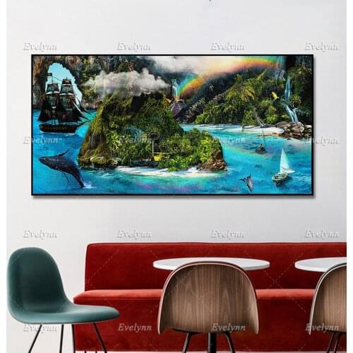 Blue Whale Bay Painting - Large Canvas Wall Art Print -Fantasy Paradise Art Poster-Kids Art Hub -Beach House Wall Art Home Decor