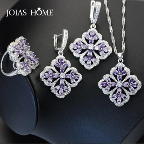 JoiasHome 925 Sterling Silver Jewelry Super Flash Romantic Clover Bride Wedding Dress Jewelry Three-Piece Set