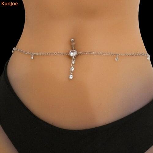 KunJoe New Women Sexy Rhinestone Dangle Belly Button Chain Navel Piercing Ring Body Jewelry Waist Chain Button Puncture Jewelry