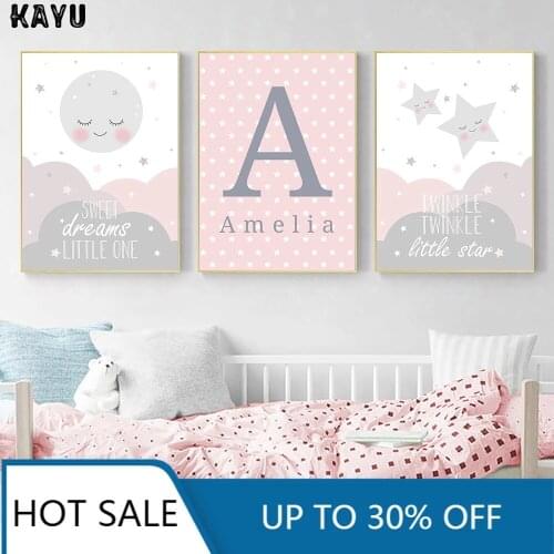 Cloud Star Moon Wall Art Canvas Painting Posters And Prints Custom Name Nursery Print Pink Wall Pictures Girl Kids Room Decor