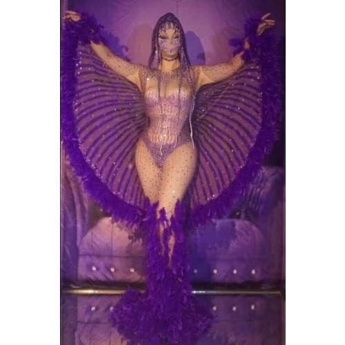 Sexy Purple Dresses Rhinestone Feather Perspective Party Prom Dress singer stage dance show wear two pcs set
