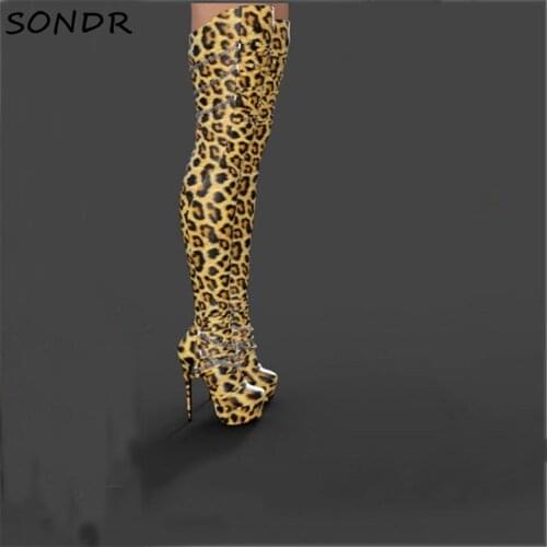 Fashion Women Chain Pointed Toe Over The Knee Boots Sexy Ladies Stretch High Heels Thigh High Boots Slip On Platform Shoes Woman