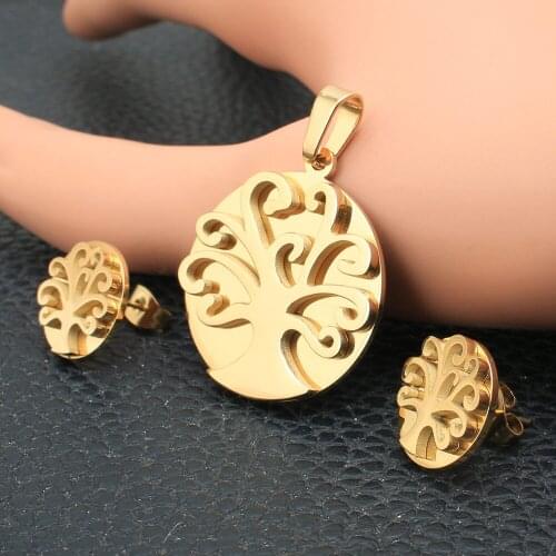 NEW Gold Color Fashion Tree stainless Steel Jewelry Pendant Earrings Sets For Women SRYZ017