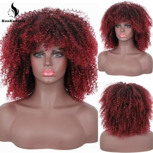 Synthetic Red Wigs Afro Kinky Curly Wigs With Bangs For Black Women African Synthetic Omber Blonde Cosplay Wigs Heat Resistant