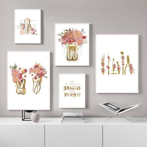 Oral Tooth Flower Dentist Surgery Tool Wall Art Canvas Painting Nordic Posters And Prints Wall Pictures For Dental Office Decor