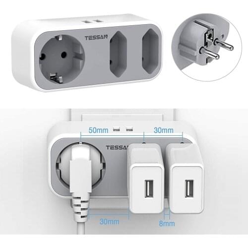TESSAN Portable Alargador Enchufe Electrical Plug 3 Outlets and 2 USB Outlet Expander USB Phone Charger Home/Office/Travel