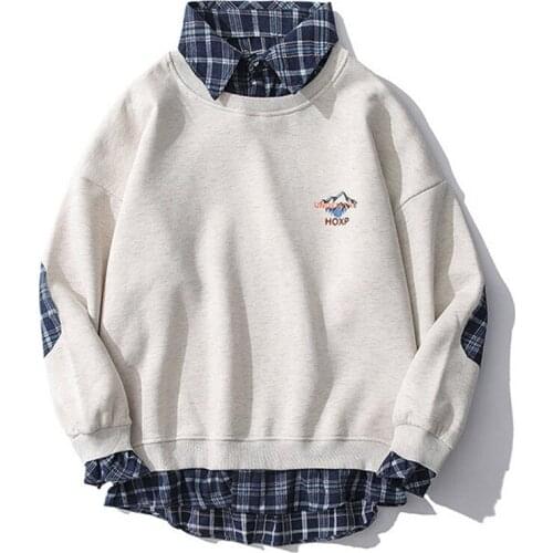Men Hip Hop Hoodies Sweatshirt Oversized Long Sleeve Harajuku Streetwear Male Fake Two Pieces Grid Pullover Hooded Tops