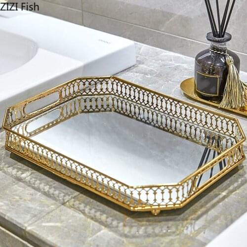 Vintage European Mirror Glass Metal Storage Tray Gold Rectangle/round Fruit Plate Desktop Small Items Jewelry Display Tray Plate