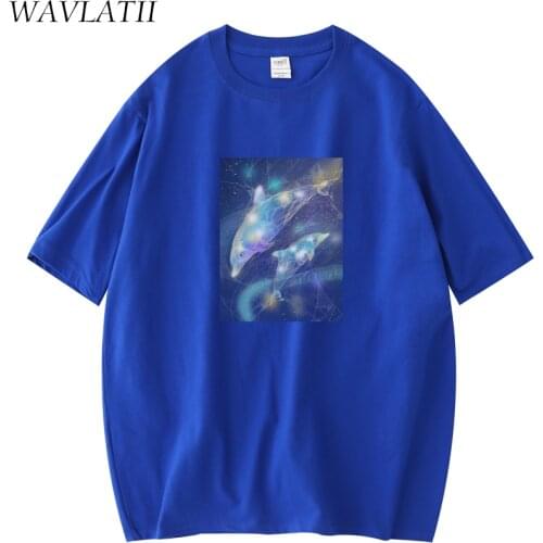 WAVLATII Women New Fashion Print T shirts Female Summer Casual Tees Lady Streetwear White Black Blue Short Sleeve Tops WT2107