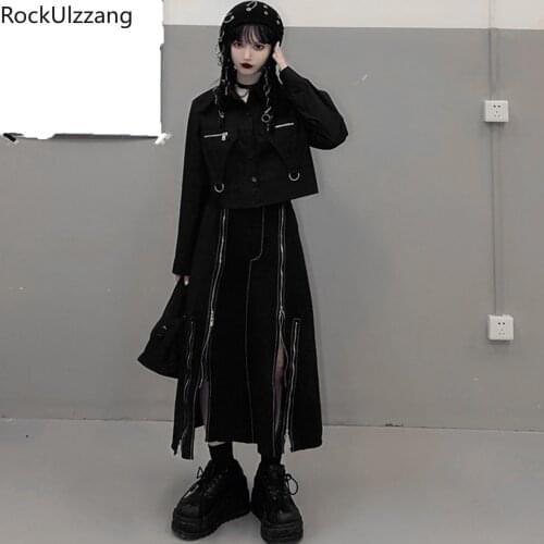 High Waist Cargo Black Front Contrast Zipper Midi Long Vintage A-Line Skirt Korean Summer Harajuku Dark Streetwear Japanese Girl