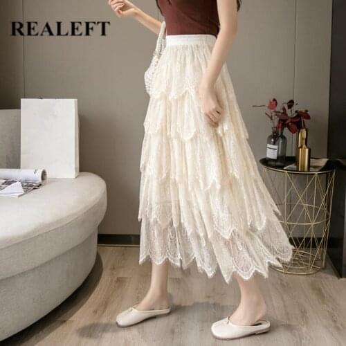 REALEFT 2021 New Autumn Lace Cake Skirt for Lady Fashionable Midi Length Elegant Elastic High Waist Casual Womens A-line Skirt