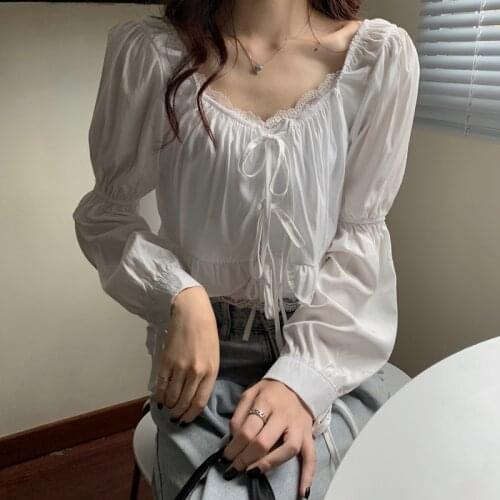Women Casual Spring Autumn Korean Sweet Loose Ruffled Blouses Fashion Short Style Sexy Tops Vintage All-Match Shirts For Ladies