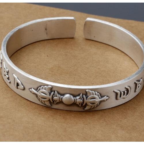 Genuine Womens 999 Full Silver Open Six Character Truth Bracelet Retro Matte Pure Silver Bracelet Jewelry