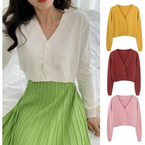 Women Autumn Long Sleeve Sweater Cardigan Sexy V-Neck Button Down Cropped Jacket Sweet Solid Candy Color Loose Knitted Outwear C