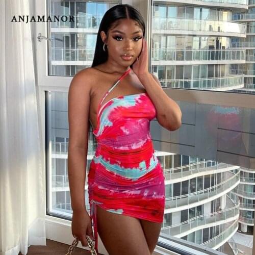 ANJAMANOR Colorful Tie Dye Sexy Bodycon Dresses for Women 2021 Clubwear Drawstring Ruched One Shoulder Mini Dress D70-BB13