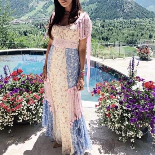 Retro Contrast Color Flower Dress Women Romantic Square neck Ruched front Hem Patchwork Long Dresses Holiday Vestidos Stream