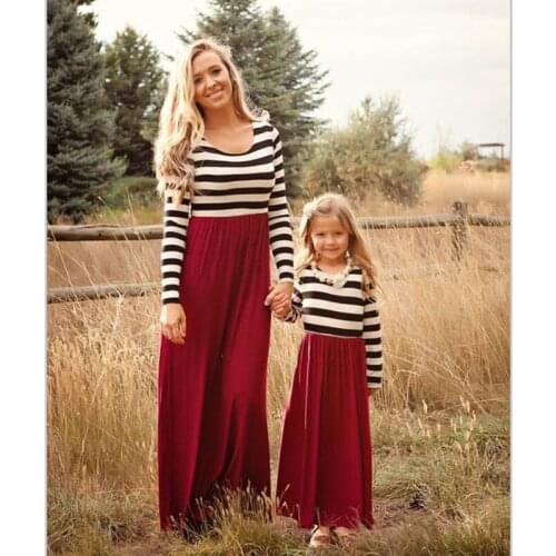2020 new spring European and American long-sleeved black and white stripes and wine red hem womens dress parent-child wear