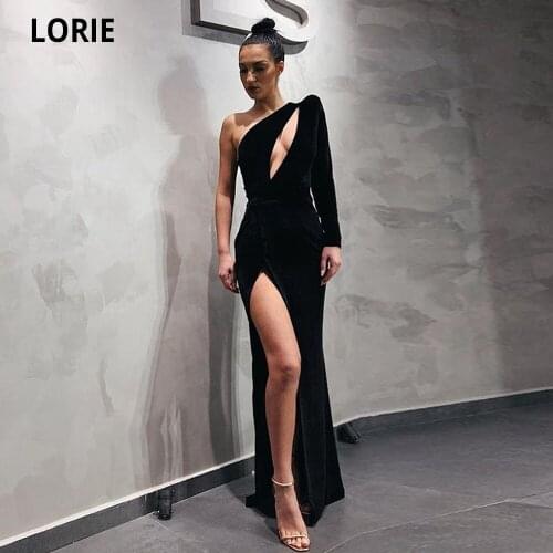 LORIE Sexy Black Mermaid Evening Dresses One Shoulder Long Sleeve Prom Dresses Formal Special Occasion Gowns with High Split