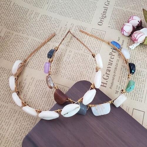 1 PC Fashion Colorful Stones Shell Conch Hairbands Metal Gold Color Headbands Beach Vacation Jewelry for Women Hair Accessories