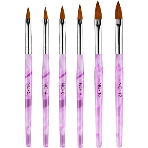 6pcs Nail Art Brush Pen Pink Crystal Plastic Handle for UV Gel Acrylic Design Painting Kit Different Size #2 #4 #6 #8 #10 #12