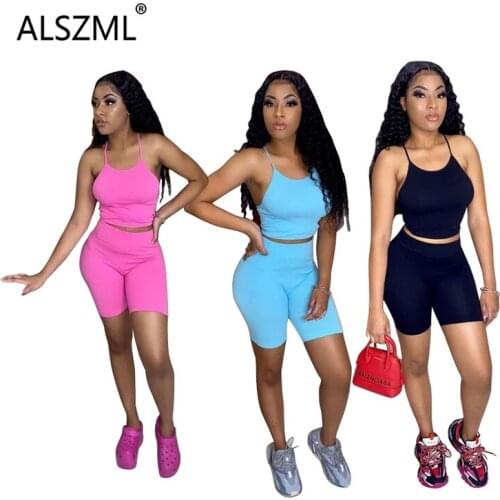 Sleeveless Simple Pure Color Crop Op And Hot Short 2 Pieces Set Sexy Tight Club Party Lady Fashion Tracksuits