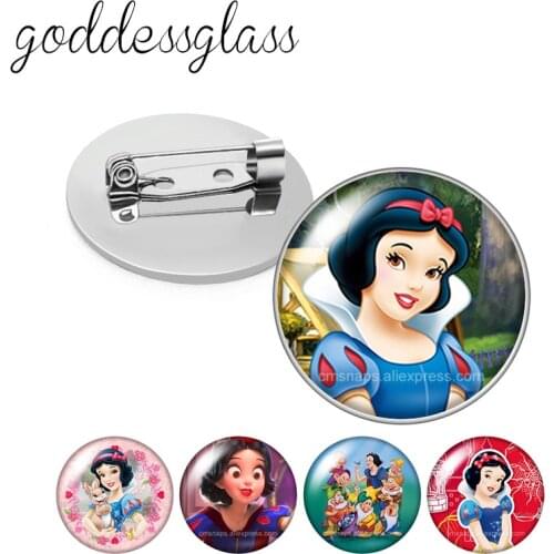 Disney Princess Snow white Seven Dwarfs Round Glass cabochon Silver color Brooch Dome Photo Jewelry Brooches Pin For Gift