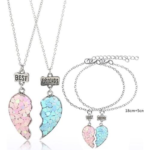 A Girl' New 2021 2PCS/Set Sequin Stitching Heart Broken Best Friends Necklace Pendant Chain BFF Friendship Jewelry Gift For Kids