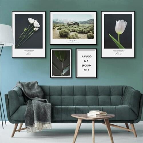 Nordic Decoration White Flower Wall Art Canvas Painting Love Quotes Posters and prints Green Plant Wall Pictures for Living Room