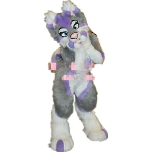 Long Fur Gray Husky Dog Cartoon Mascot Costume Animal Cosplay Party Game Suit Fursuit Parade Fancy Dress Advertising Adults Size