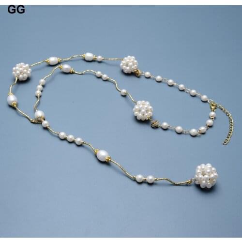 GG Jewelry Natural Freshwater Cultured White Pearl Handmade Pearl Ball Y-Drop Long Necklace 27" For Women