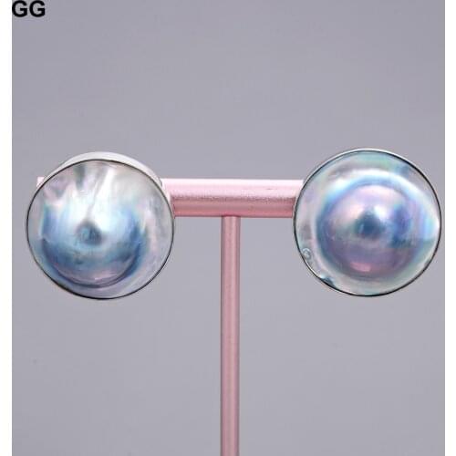 GG Jewelry Real Natural Gray 23mm Sea Mabe Pearl 925 Silver Stud Earrings