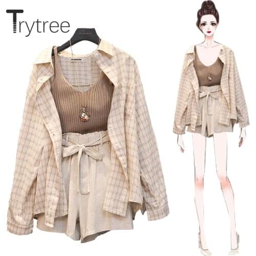 Trytree Spring Summer Women Three piece sets Casual Turn-down Collar Plaid Tops + Shorts Wide Leg Pants Suit Set 3 Piece Set