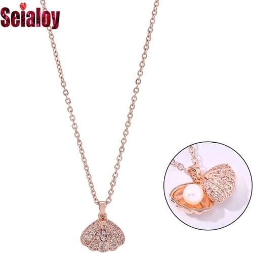 High-quality Stainless Steel Rose Gold Pearl Shell Pendant Necklace For Women Original Zircon Charm Necklace Girls Lover Collar