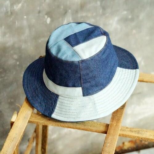 Vintage Spliced Bucket Hat Denim Leisure Japanese Style Flat Top Outdoor Sunscreen Unisex Adjustable Elastic Random Pattern Hat