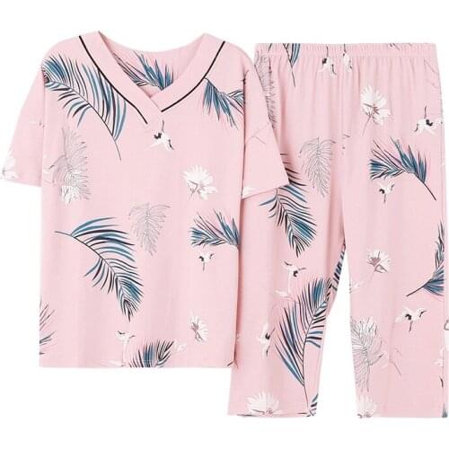 Summer Women 100% Modal Cotton Short Sleeve Pajama Sets Floral Pyjamas Sexy Sleepwear Two Piece Set Female Homewear Loungewear