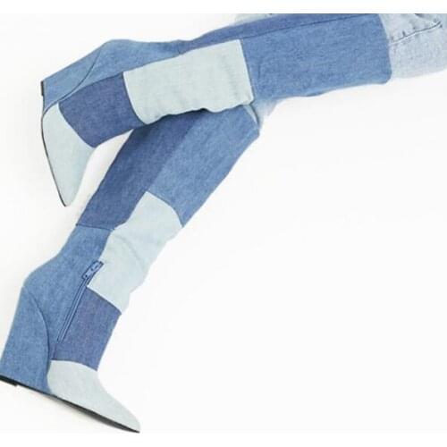Drop Shipping Newest Woman Patchwork Jeans Wedge Knee High Boots Female Pointed Toe Slip On Long Boots Shoes Big Size 46