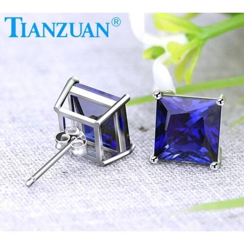 925 silver corundum blue color square shape 8mm single lab created sapphire stone ear stud Earing