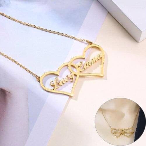 Chic Women Custom Nameplate Double Heart Necklace Stainless Steel Choker Collar Personalized Anniversary Birthday Gifts