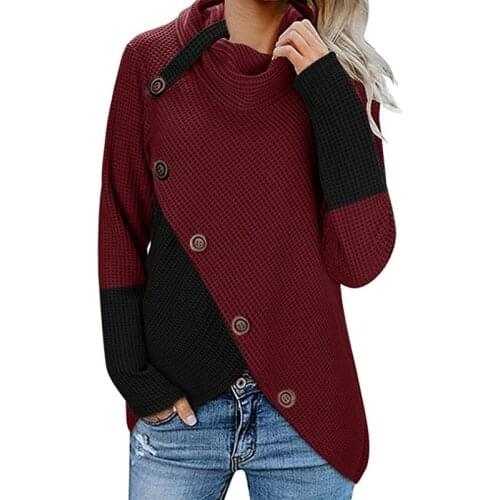 Autumn Winter Color Patchwork Button Long Sleeve Sweater Women Knitted Sweater Vintage Turtleneck Irregular Oversized Pullover
