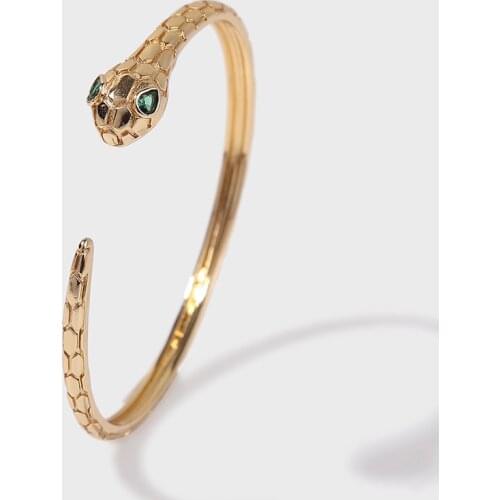 Trendy Gold Color Copper Metal Green Eye Zircon Animal Snake Bangles Cuff Bracelets For Women Men Punk Style Party Jewelry Gifts