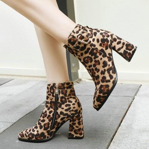 Leopard Print Womens Shoes Square Root Round Toe Ankle Boots Fashion Ladies Side Zipper High Heels Buckle Decoration Winter